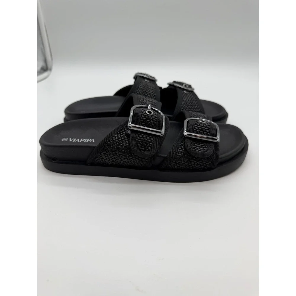 ViaPipa Womens Black Raffia Double Strap Buckle‎ Slide Sandals Size 6
